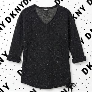 PLUS - DKNY Jeans Black Sequin V-Neck Sweater Tunic With Side Tie